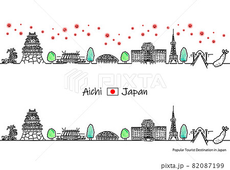 愛知県の観光地の街並みと新型コロナウイルスのシンプル線画セット 82087199