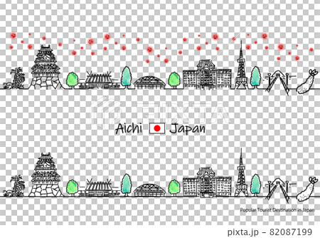 Aichi Prefecture tourist destination cityscape and a simple line drawing set of the new coronavirus Aichi Prefecture tourist destination cityscape and a simple line drawing set of the new coronavirus 82087199