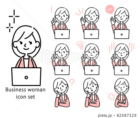 パソコンを使って仕事をする女性のアイコンセット　ベクター素材 82087329