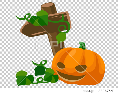 ジャックオランタンとツタのからまる木の看板 かぼちゃのランプ ハロウィン素材のアイコン イラスト素のイラスト素材