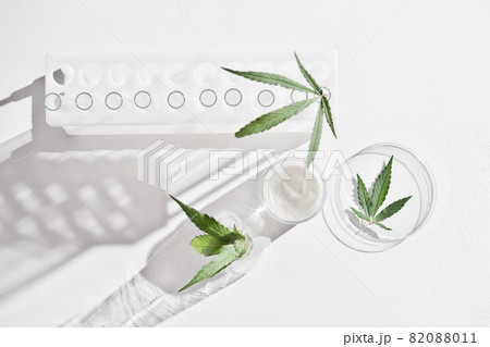 cannabis face cream and hemp leaves in laboratory . petri dishes and glassware on lab table. dermatology concept, alternative treatment. top view. cannabis face cream and hemp leaves in laboratory . petri dishes and glassware on lab table. dermatology concept, alternative treatment. top view. 82088011