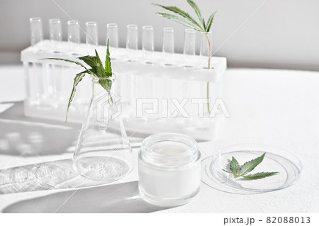 cannabis face cream and hemp leaves in laboratory . petri dishes and glassware on lab table. dermatology concept, alternative treatment. front view. cannabis face cream and hemp leaves in laboratory . petri dishes and glassware on lab table. dermatology concept, alternative treatment. front view. 82088013