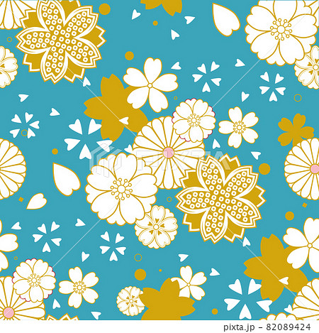 シームレス 背景素材 花柄 桜 C01 青のイラスト素材 0424