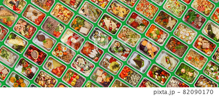 Different Types Of Healthy Low Fat Food In Foil Containers, Creative Collage Different Types Of Healthy Low Fat Food In Foil Containers, Creative Collage 82090170