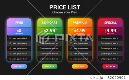 Vector pricing plan banners infographic template mock up for web. Marketing presentation slide. Business labels concept infographics. 4 options, parts, steps, processes. 82090901