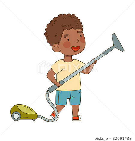 Little African American Boy with Vacuum Cleaner Engaged in Housekeeping Vector Illustration 82091438