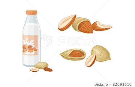 Blanched and Unshelled Almond Nut as Edible Seed and Bottle of Milk Vector Set 82091610