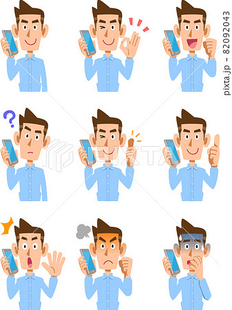 携帯電話で会話している水色のシャツを着た男性の9種類のポーズ 82092043
