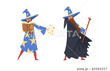 Sorcerer in Pointed Hat and Starry Gown Practicing Wizardry and Witchcraft with Magic Stick and Spellbook Vector Set 82094357