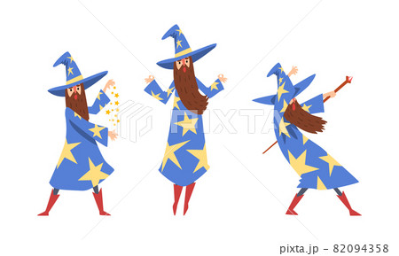 Sorcerer in Pointed Hat and Starry Gown Practicing Wizardry and Witchcraft with Magic Wand Vector Set 82094358