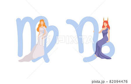 Astrological Sign or Sign of Zodiac with Female Near Virgo and Capricorn Symbol Vector Set 82094476