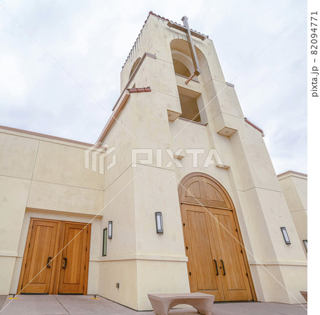 Front entrance and facade of a small church 82094771