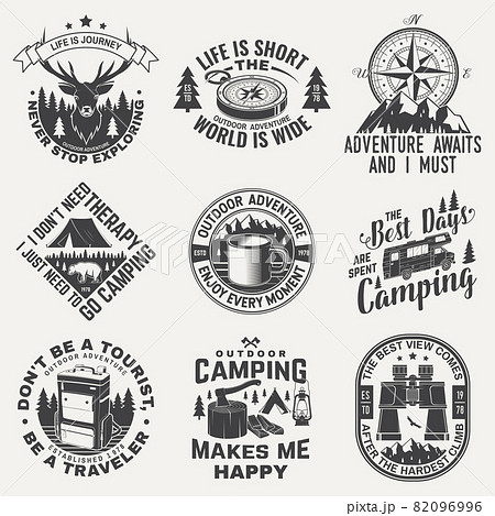 Set of camping badges, patches. Vector. Concept for shirt or logo, print, stamp or tee. Vintage design with camping equipment, forest, backpack, mug, compass, camper rv and mountain silhouette. Set of camping badges, patches. Vector. Concept for shirt or logo, print, stamp or tee. Vintage design with camping equipment, forest, backpack, mug, compass, camper rv and mountain silhouette. 82096996