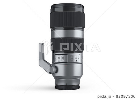 Modern nonexistent DSLR telephoto camera lens on white background 82097506