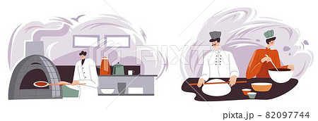 Chef team cooking in kitchen, bakery shop vector Chef team cooking in kitchen, bakery shop vector 82097744