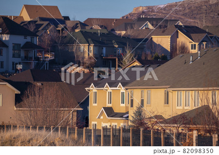 Selective focus of brown houses in American town Selective focus of brown houses in American town 82098350