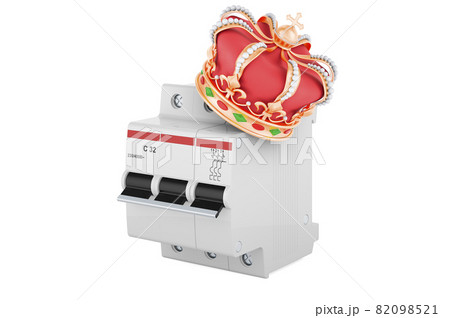 Three-pole miniature circuit breaker with golden crown, 3D rendering Three-pole miniature circuit breaker with golden crown, 3D rendering 82098521