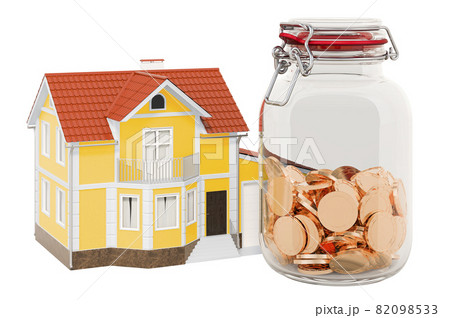 Home with glass jar full of golden coins, 3D rendering 82098533