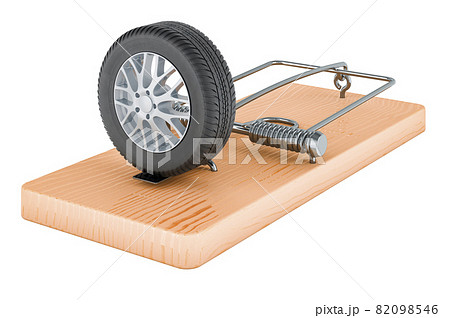 Car wheel inside mousetrap, 3D rendering Car wheel inside mousetrap, 3D rendering 82098546