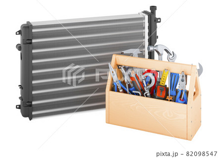 Car radiator with toolbox. Service and repair of car radiator. 3D rendering Car radiator with toolbox. Service and repair of car radiator. 3D rendering 82098547