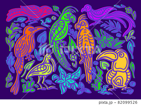Color bright vector background with birds. Paradise tropical set Color bright vector background with birds. Paradise tropical set 82099526
