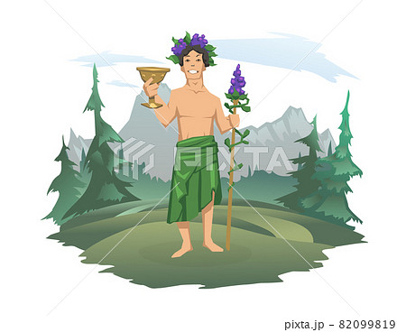 Dionysus, acient Greek god of wine standing in nature. Ancient Greece mythology. Forest and mountain landscape in the background. Vector illustration isolated on white background. 82099819