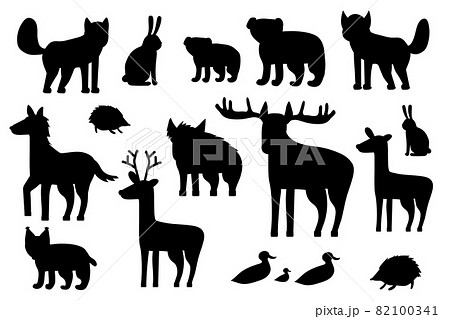 Set of black silhouette forest animals. Cartoon isolated vector fox, wolf, bear, bear cub, elk deer, fallow deer hedgehog, hare, duck, duckling, lynx, horse, wild boar 82100341