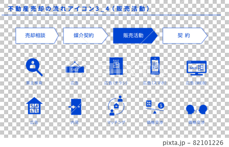 不動産売却の流れのシンプルアイコンセット3_4（販売活動）、ベクター素材 82101226