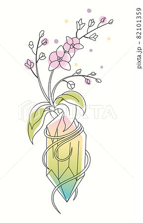 Line art healing crystal with an orchid growing out of it. Magical life energy 82101359