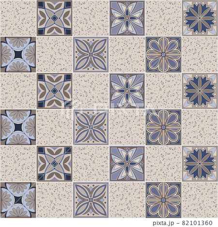 Geometric background square tiles with an ethnic pattern in beige and blue colors mixed with marble tiles 82101360