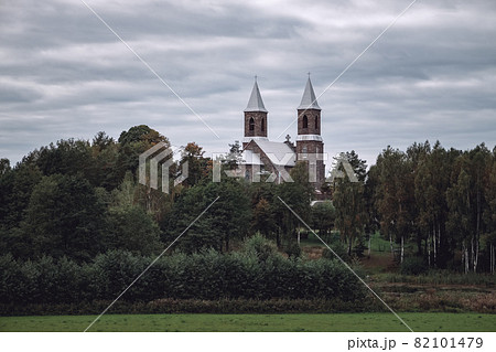 View of the old catholic church of St Joseph in Rubezhevichi village, Minsk region, Belarus. View of the old catholic church of St Joseph in Rubezhevichi village, Minsk region, Belarus. 82101479