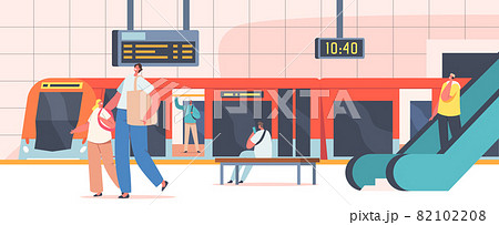 People at Subway Station, Characters at Public Metro Platform with Train, Escalator, Map, Clock and Digital Display People at Subway Station, Characters at Public Metro Platform with Train, Escalator, Map, Clock and Digital Display 82102208