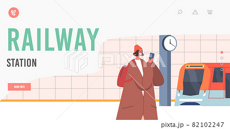 Railway Station Landing Page Template. Passenger Girl at Public City Commuter Tunnel. Smiling Female Character at Subway 82102247