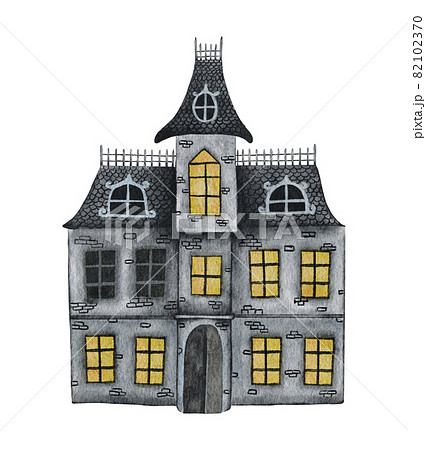 Watercolor Halloween card. Hand painted Castle with glowing windows, Holiday print for design or background. Watercolor Halloween card. Hand painted Castle with glowing windows, Holiday print for design or background. 82102370