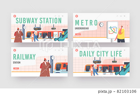 Subway Station Landing Page Template Set. People on Platform with Train, Escalator, Map, Clock, Digital Display, Metro Subway Station Landing Page Template Set. People on Platform with Train, Escalator, Map, Clock, Digital Display, Metro 82103106
