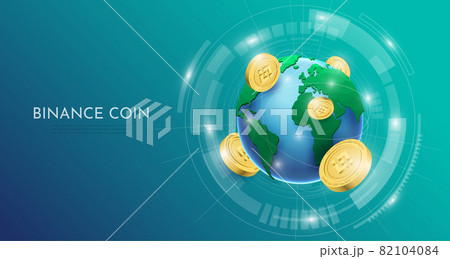 Blockchain technology concept with the 3D binance coin and world background. Realistic vector illustration. Blockchain technology concept with the 3D binance coin and world background. Realistic vector illustration. 82104084
