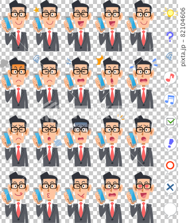 20 different facial expressions and upper body of a businessman wearing glasses who talks on a smartphone 82104606