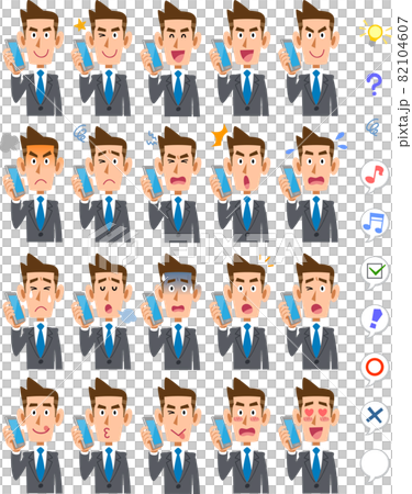 20 different facial expressions and upper body of a businessman talking on a smartphone 82104607