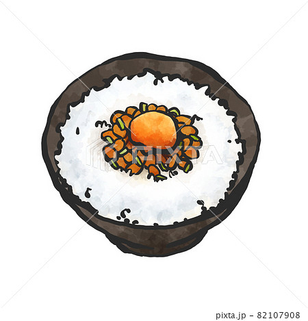 卵かけ納豆ご飯ネギ入りの手描き筆絵風イラスト 卵かけ納豆ご飯ネギ入りの手描き筆絵風イラスト 82107908