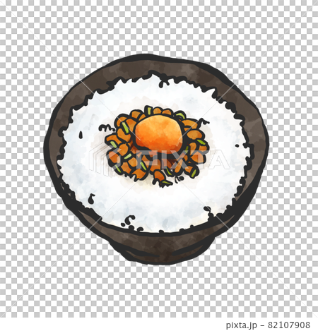 卵かけ納豆ご飯ネギ入りの手描き筆絵風イラスト 卵かけ納豆ご飯ネギ入りの手描き筆絵風イラスト 82107908
