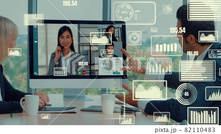 Creative visual of business people in a corporate staff meeting on video call Creative visual of business people in a corporate staff meeting on video call 82110483