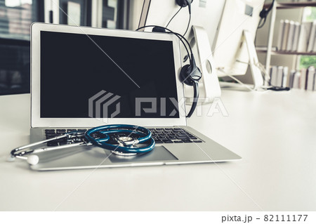 Headset and doctor equipment at clinic ready for actively support for patient 82111177