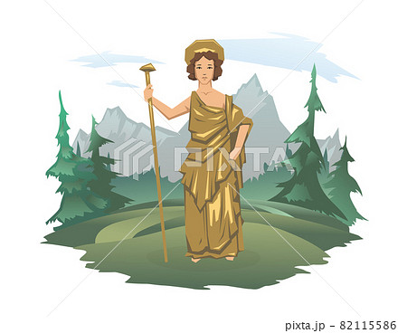 Hera, ancient Greek goddess of Marriage, Mothers and Families. Ancient Greece mythology. Forest and mountain landscape in the background. Vector illustration isolated on white. 82115586