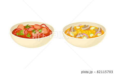 Served on Plate Dish with Vegetable Soup and Tomato Broth with Salmon Slabs Vector Set Served on Plate Dish with Vegetable Soup and Tomato Broth with Salmon Slabs Vector Set 82115703