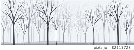 Bare Tree Silhouette with Tall Trunk and Branched Top as Misty Forest Horizontal Backdrop Vector Illustration 82115728