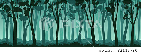 Tree Silhouette with Tall Trunk and Branched Top as Misty Forest Horizontal Backdrop Vector Illustration 82115730
