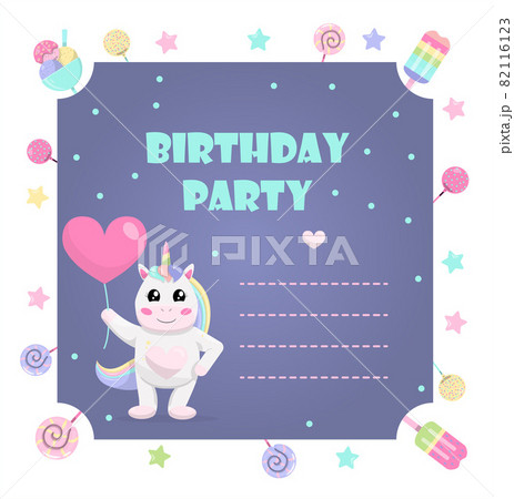 Cute vector unicorn with a balloon. Invitation for kids party. A set of gifts, garlands and sweets for the holiday. Illustrations for girls.Magic illustration with unicorn and different elements of Cute vector unicorn with a balloon. Invitation for kids party. A set of gifts, garlands and sweets for the holiday. Illustrations for girls.Magic illustration with unicorn and different elements of 82116123