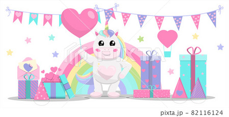 Cute vector unicorn with a balloon. Invitation for kids party. A set of gifts, garlands and sweets for the holiday. Illustrations for girls.Magic illustration with unicorn and different elements of Cute vector unicorn with a balloon. Invitation for kids party. A set of gifts, garlands and sweets for the holiday. Illustrations for girls.Magic illustration with unicorn and different elements of 82116124