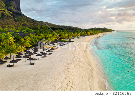 View from the height of the island of Mauritius in the Indian Ocean and the beach of Le Morne-Brabant 82116565