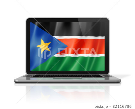 South Sudan flag on laptop screen isolated on white. 3D illustration 82116786